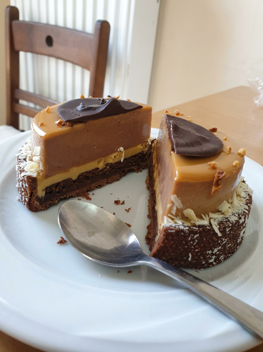 Caramel mousse cake on a chocolate brownie base