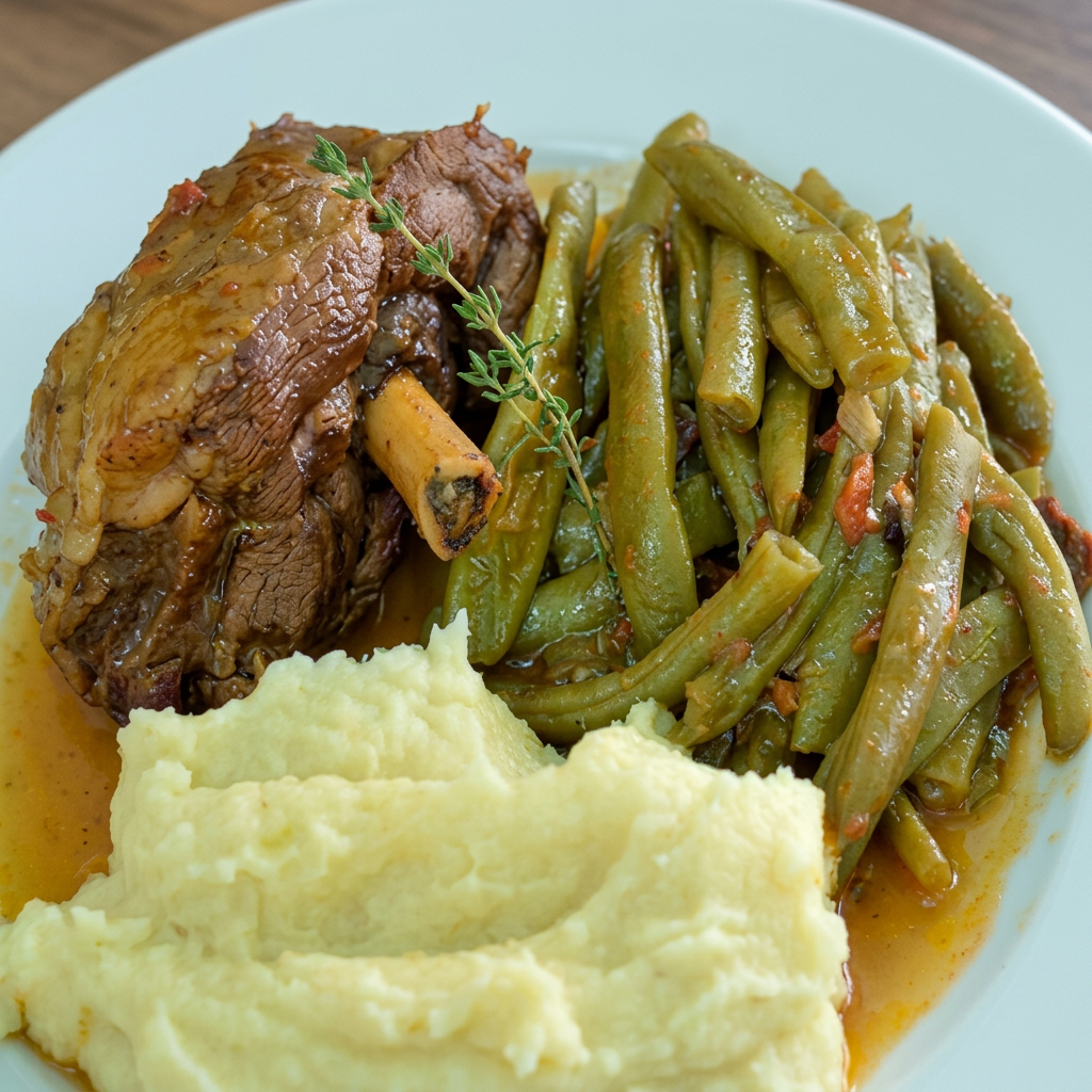 Slow-cooked lamb with green beans and mashed potatoes