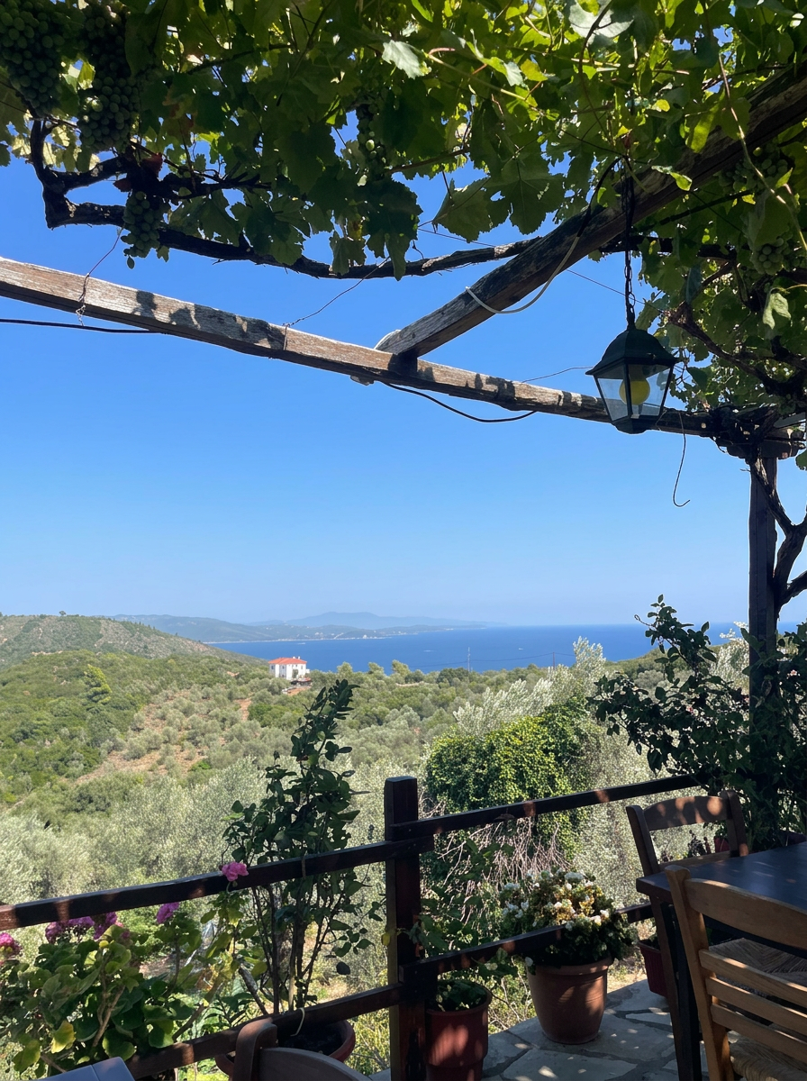 View of the Aegean from under the grape vine pergola