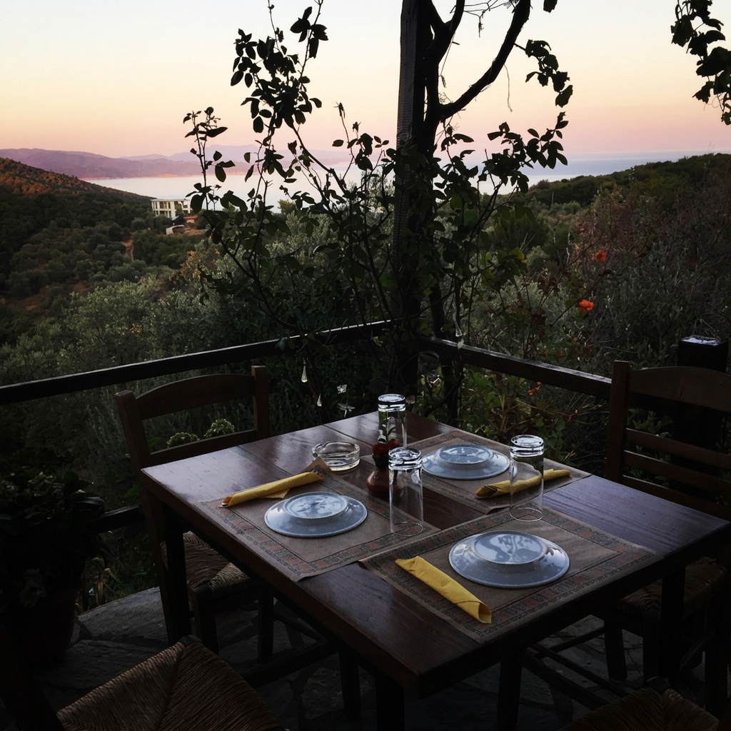 Sunset over the Pagasetic Gulf from the terrace of To Ktima taverna