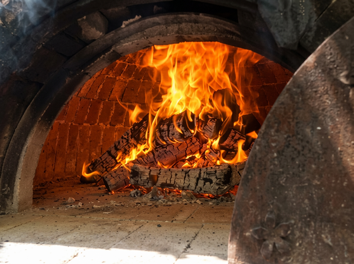 Flames burning inside the traditional wood-fire oven
